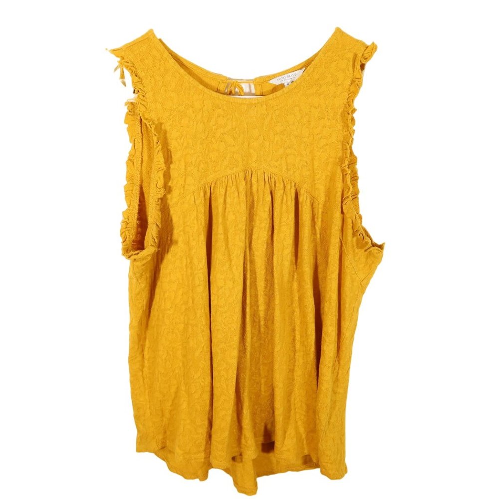 LUCKY BRAND Mustard Yellow Textured Ruffle Sleeve Tassel Tie Back Top Size M